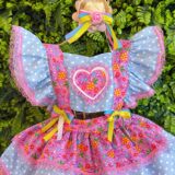 Romper Bebê Junino Lilás e Azul com Laço de Chapéuzinho