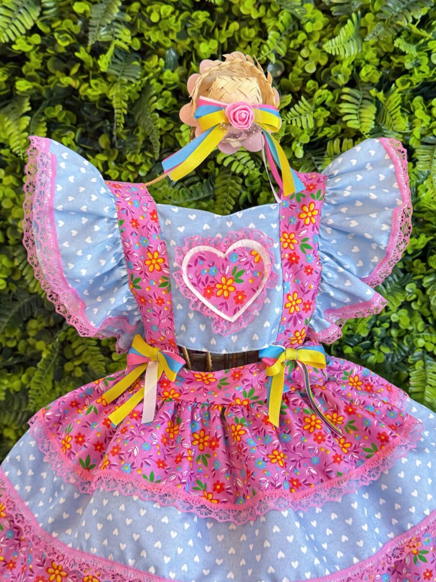 Romper Bebê Junino Lilás e Azul com Laço de Chapéuzinho