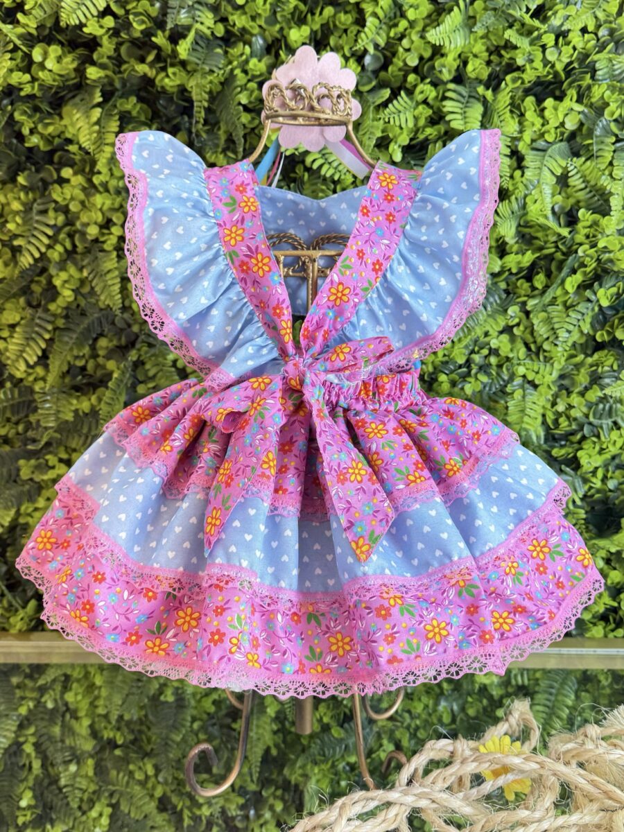 Romper Bebê Junino Lilás e Azul com Laço de Chapéuzinho