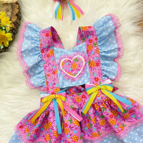 Romper Bebê Junino Lilás e Azul com Laço de Chapéuzinho
