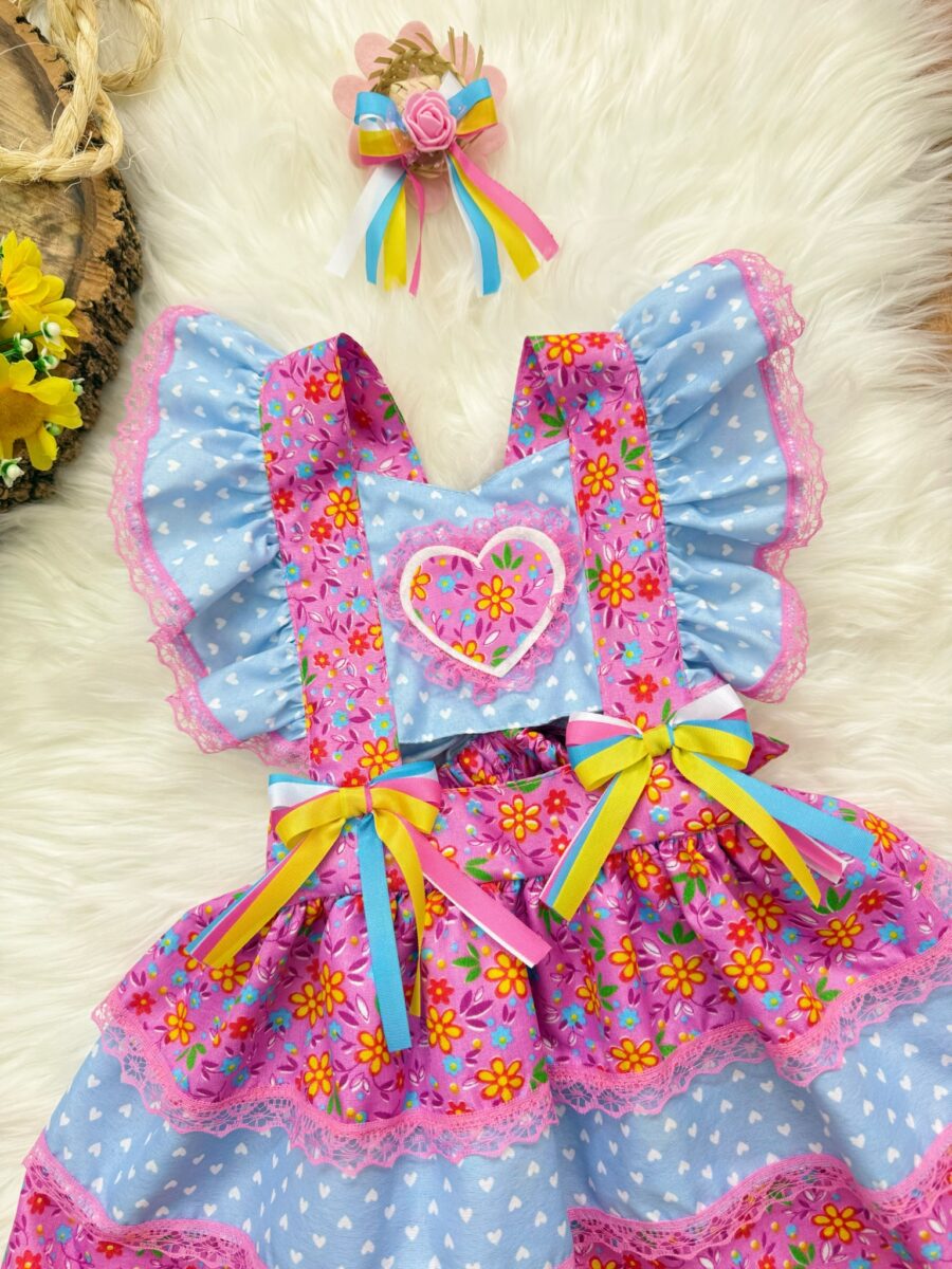 Romper Bebê Junino Lilás e Azul com Laço de Chapéuzinho