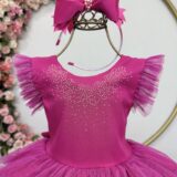 Vestido Infantil Pink Busto Strass Saia Babados Daminha