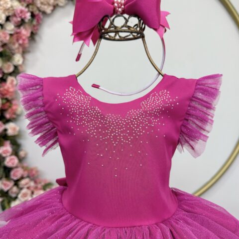 Vestido Infantil Pink Busto Strass Saia Babados Daminha