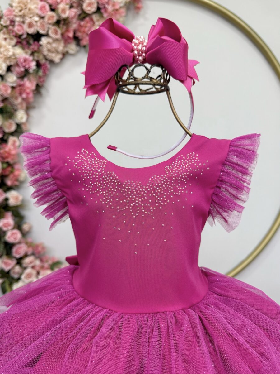 Vestido Infantil Pink Busto Strass Saia Babados Daminha