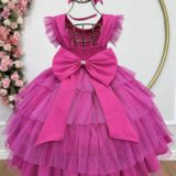 Vestido Infantil Pink Busto Strass Saia Babados Daminha