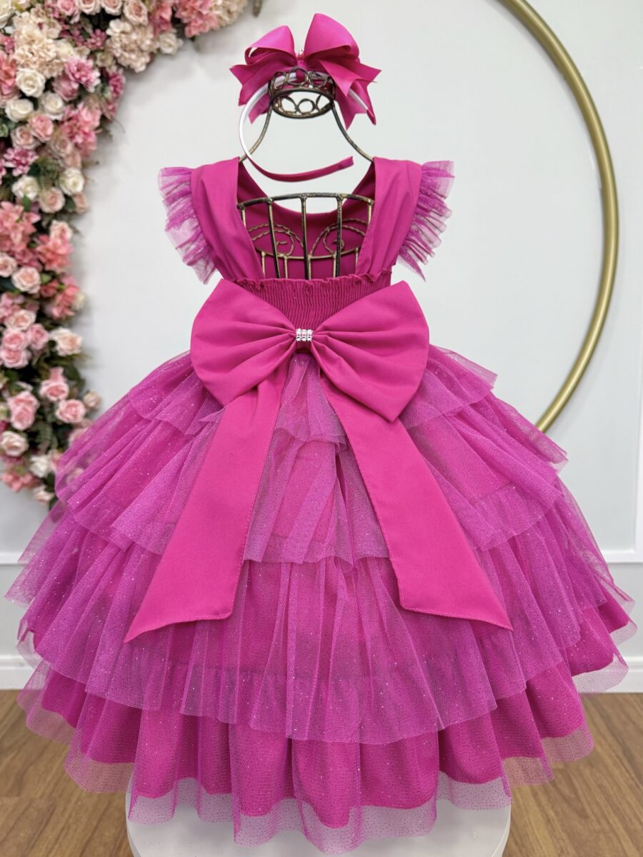Vestido Infantil Pink Busto Strass Saia Babados Daminha