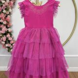 Vestido Infantil Pink Busto Strass Saia Babados Daminha