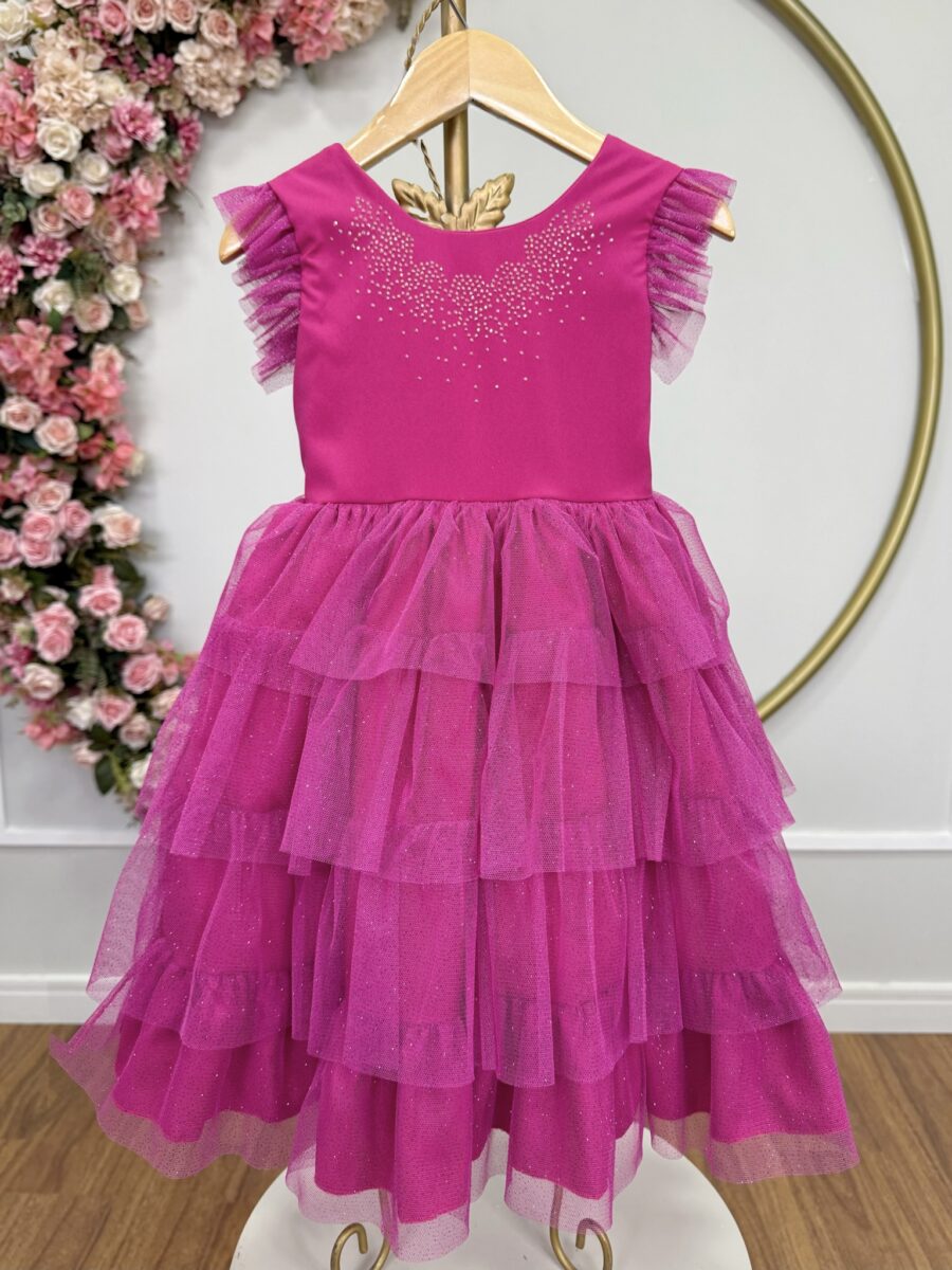 Vestido Infantil Pink Busto Strass Saia Babados Daminha