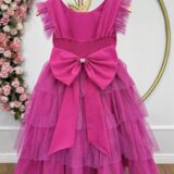 Vestido Infantil Pink Busto Strass Saia Babados Daminha