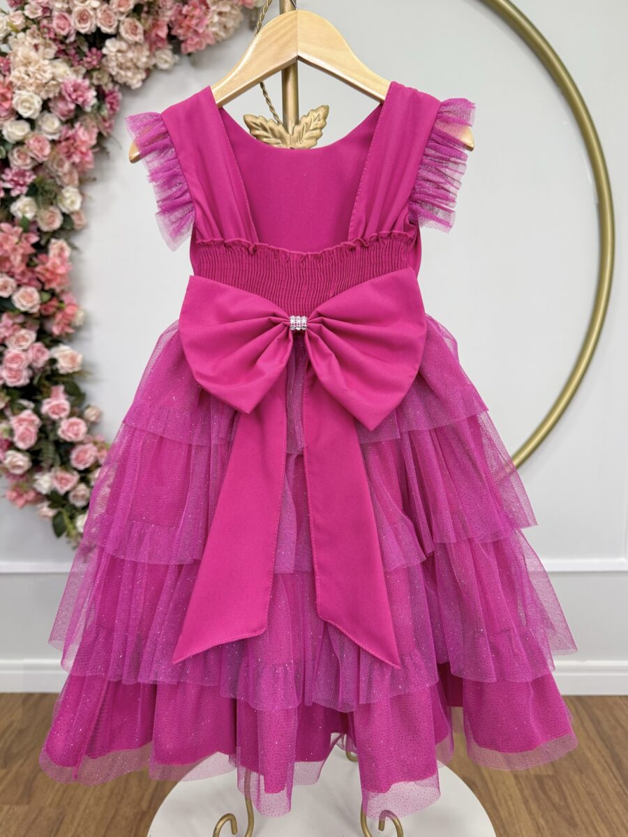 Vestido Infantil Pink Busto Strass Saia Babados Daminha