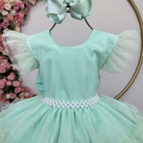 Vestido Infantil Verde Menta Saia C/ Babados e Glitter Festas