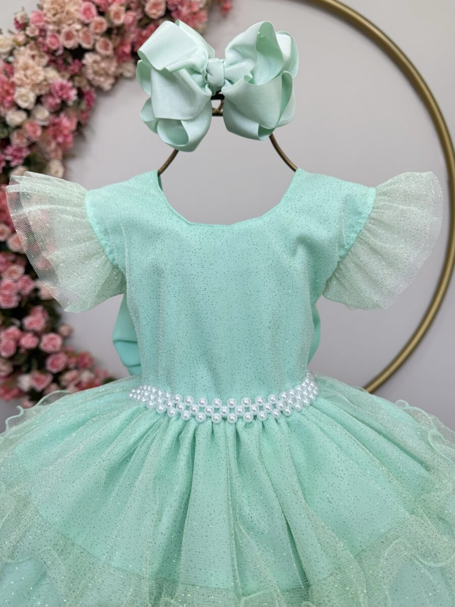 Vestido Infantil Verde Menta Babados e Glitter com Laço