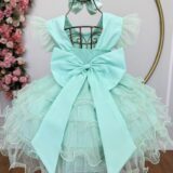 Vestido Infantil Verde Menta Babados e Glitter com Laço