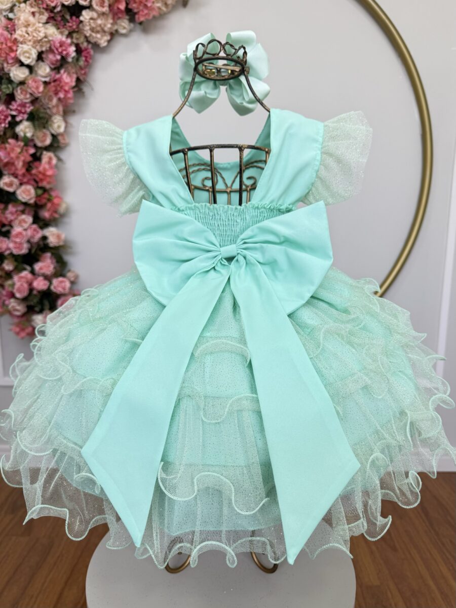 Vestido Infantil Verde Menta Babados e Glitter com Laço