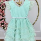 Vestido Infantil Verde Menta Babados e Glitter com Laço
