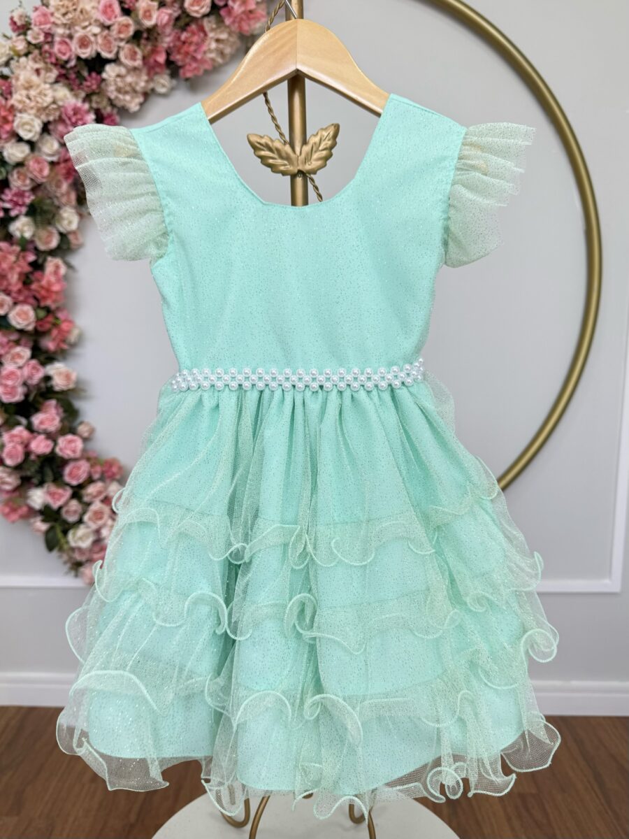 Vestido Infantil Verde Menta Babados e Glitter com Laço