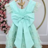 Vestido Infantil Verde Menta Babados e Glitter com Laço