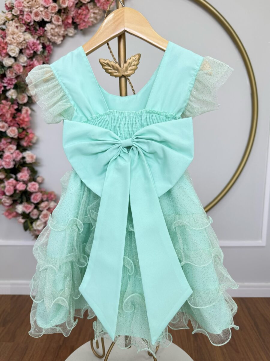 Vestido Infantil Verde Menta Babados e Glitter com Laço
