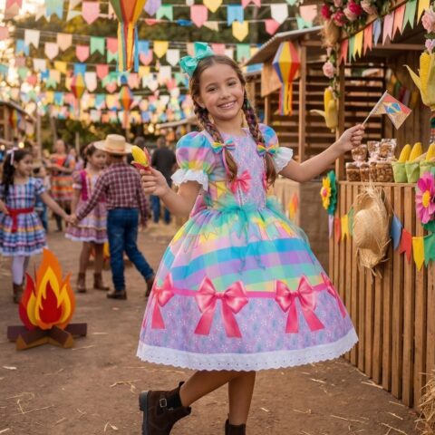 Vestido Junino Infantil Marie Arraiá da Paz Lilás