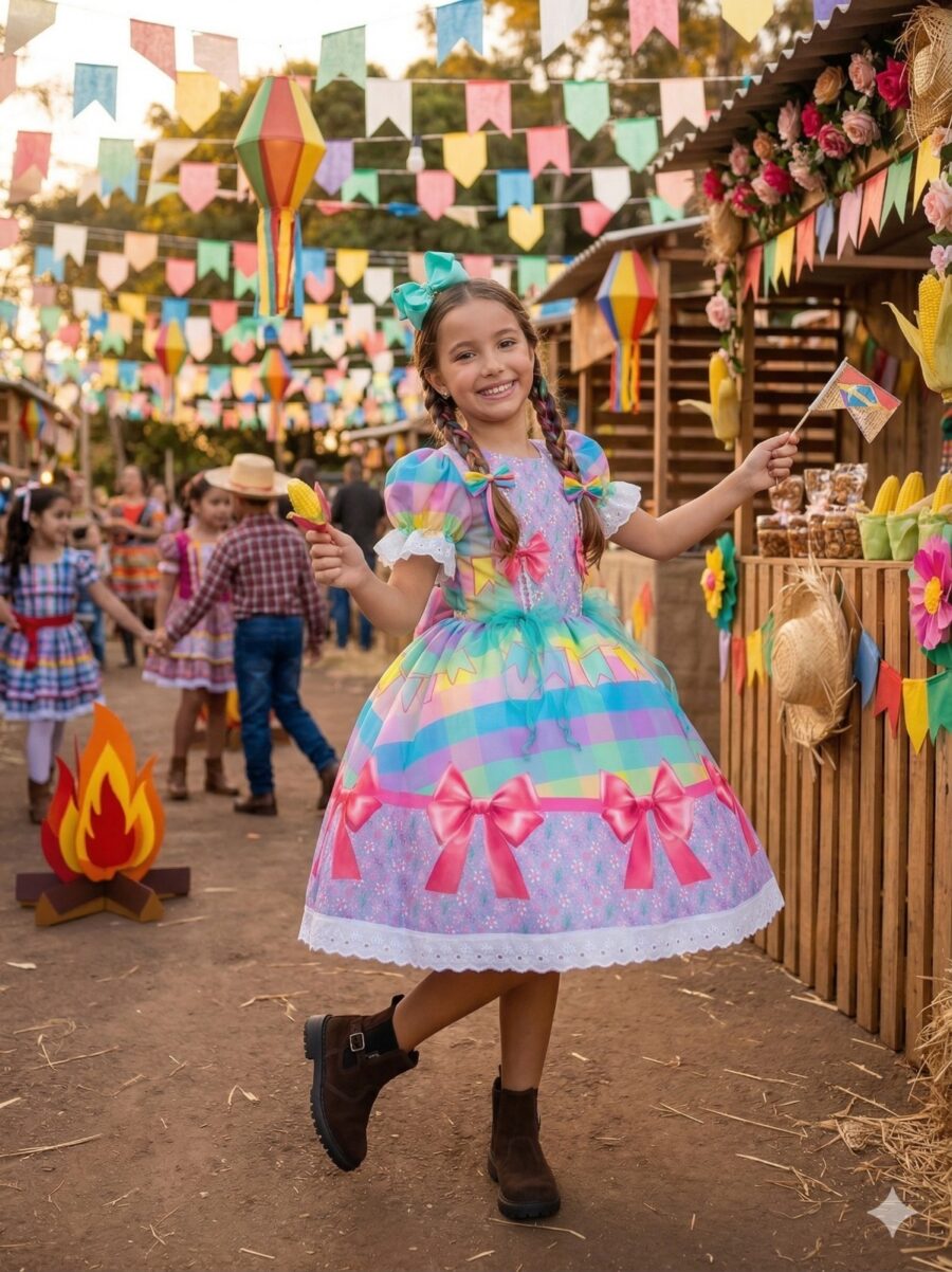 Vestido Junino Infantil Marie Arraiá da Paz Lilás