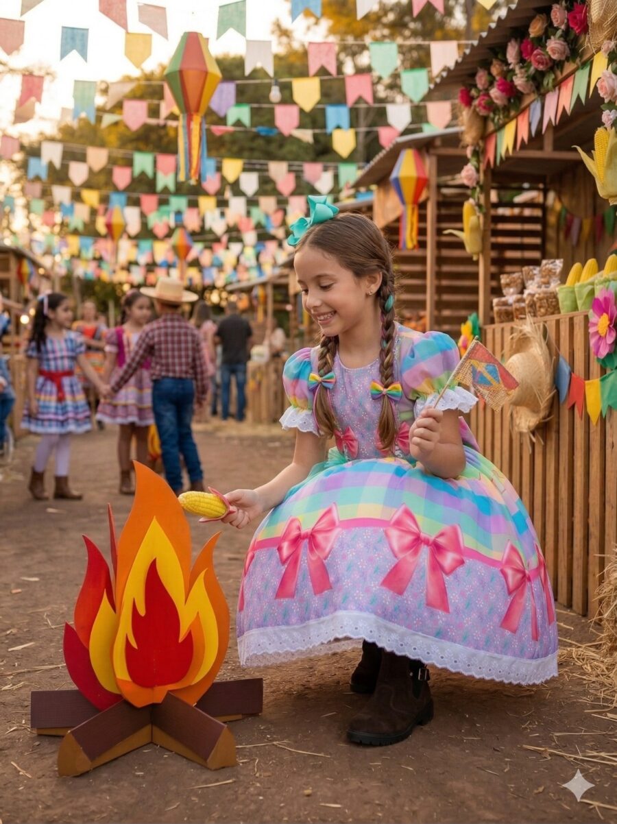Vestido Junino Infantil Marie Arraiá da Paz Lilás