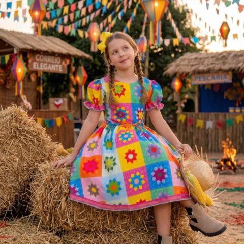 Vestido Junino Infantil Marie Quermesse Elegante Pink