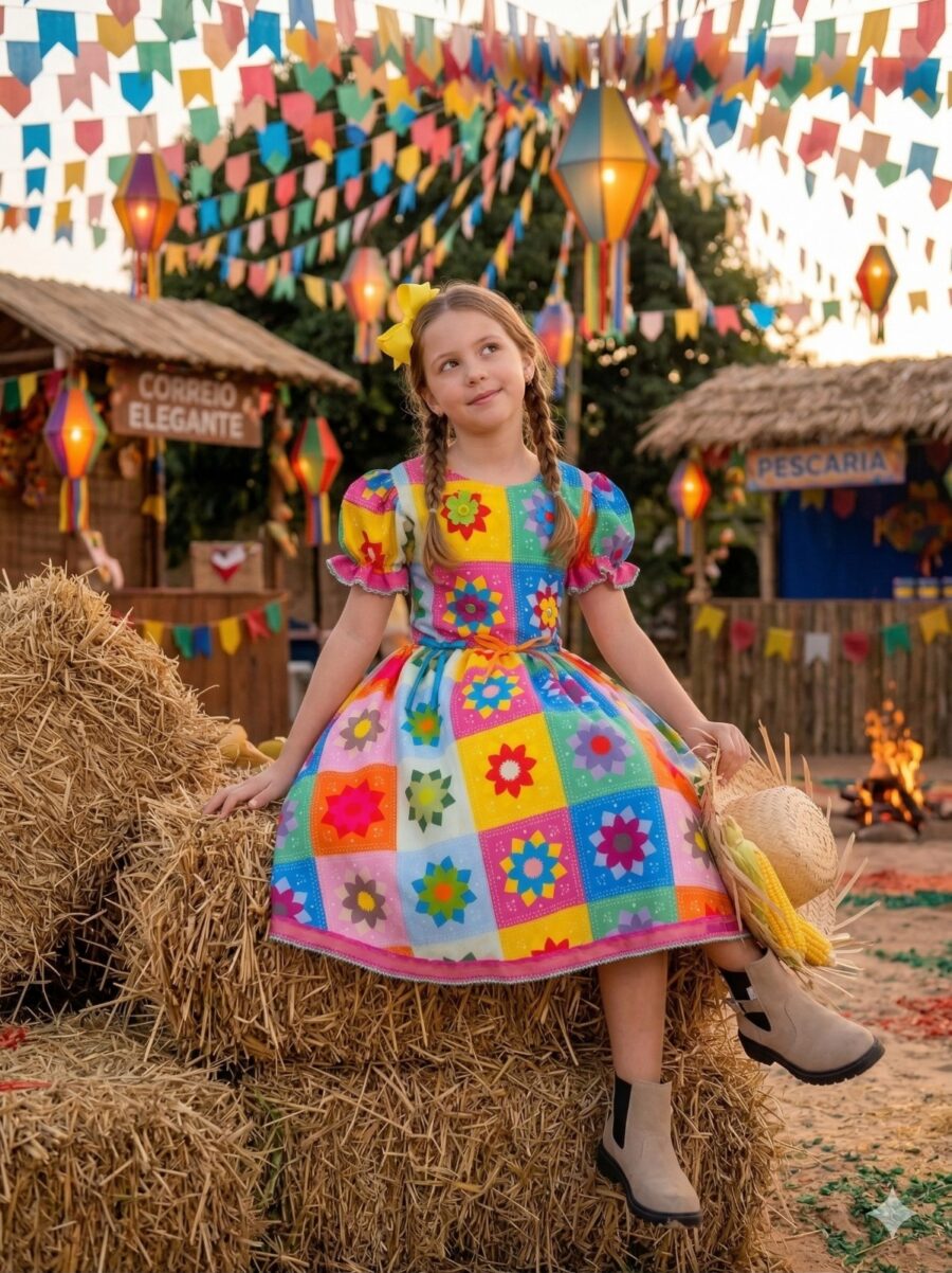 Vestido Junino Infantil Marie Quermesse Elegante Pink