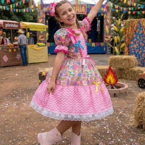 Vestido Junino Infantil Marie Quermesse de Luxo Pink
