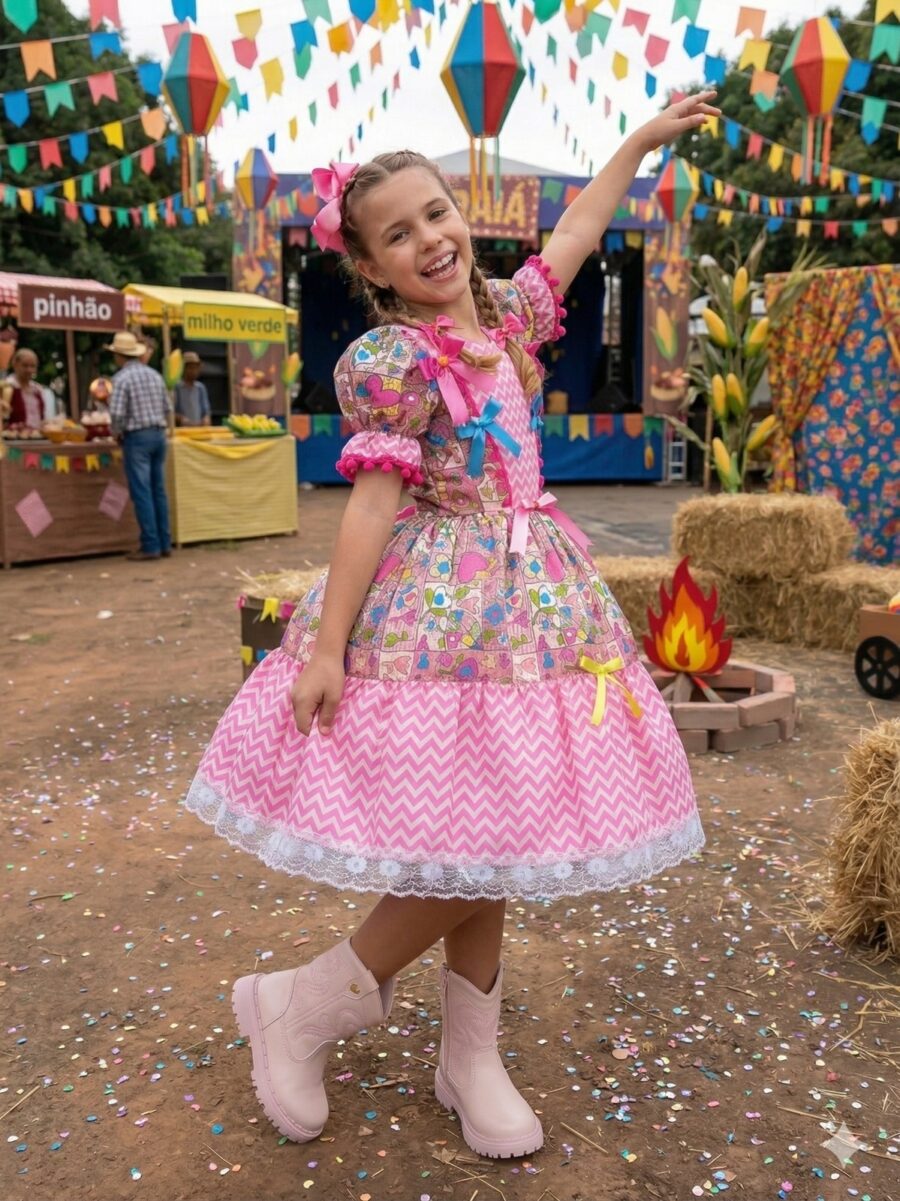 Vestido Junino Infantil Marie Quermesse de Luxo Pink