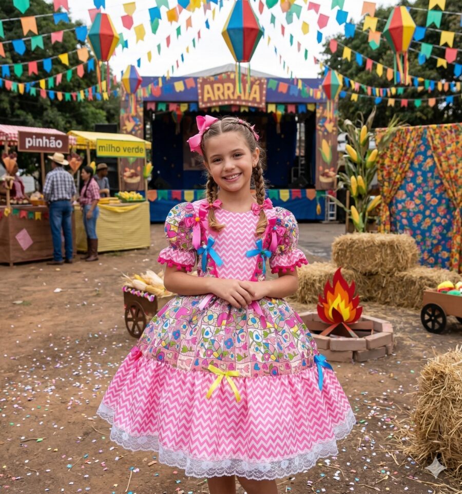 Vestido Junino Infantil Marie Quermesse de Luxo Pink