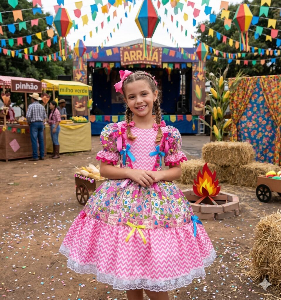 Vestido Junino Infantil Marie Quermesse de Luxo Pink
