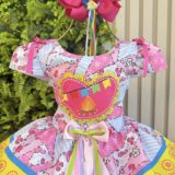 Vestido Junino Infantil Caipira Arraiá Rosa e Azul