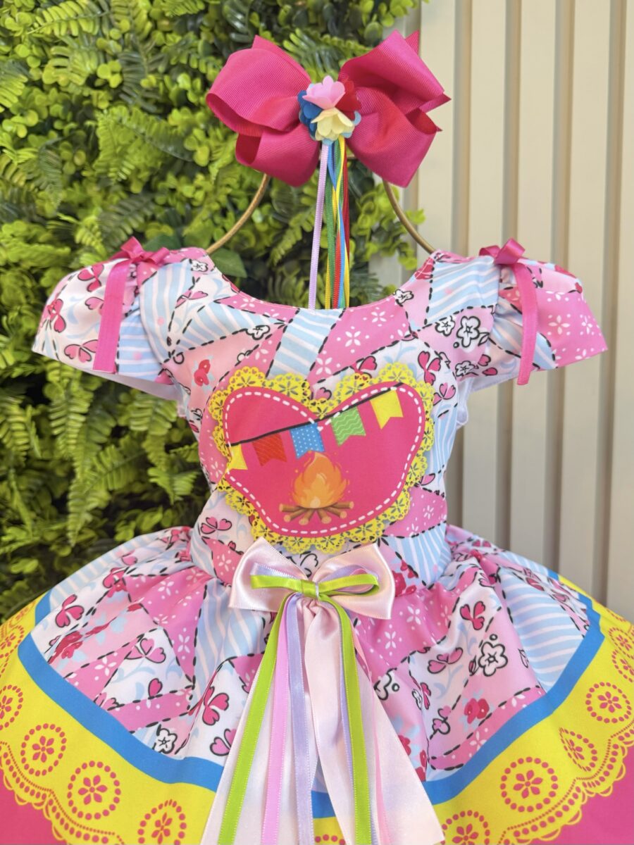 Vestido Junino Infantil Caipira Arraiá Rosa e Azul