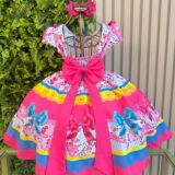 Vestido Junino Infantil Caipira Arraiá Rosa e Azul