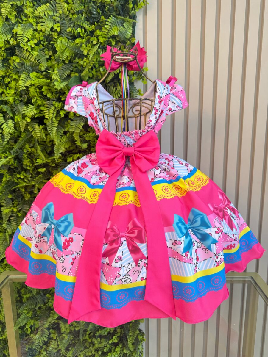Vestido Junino Infantil Caipira Arraiá Rosa e Azul
