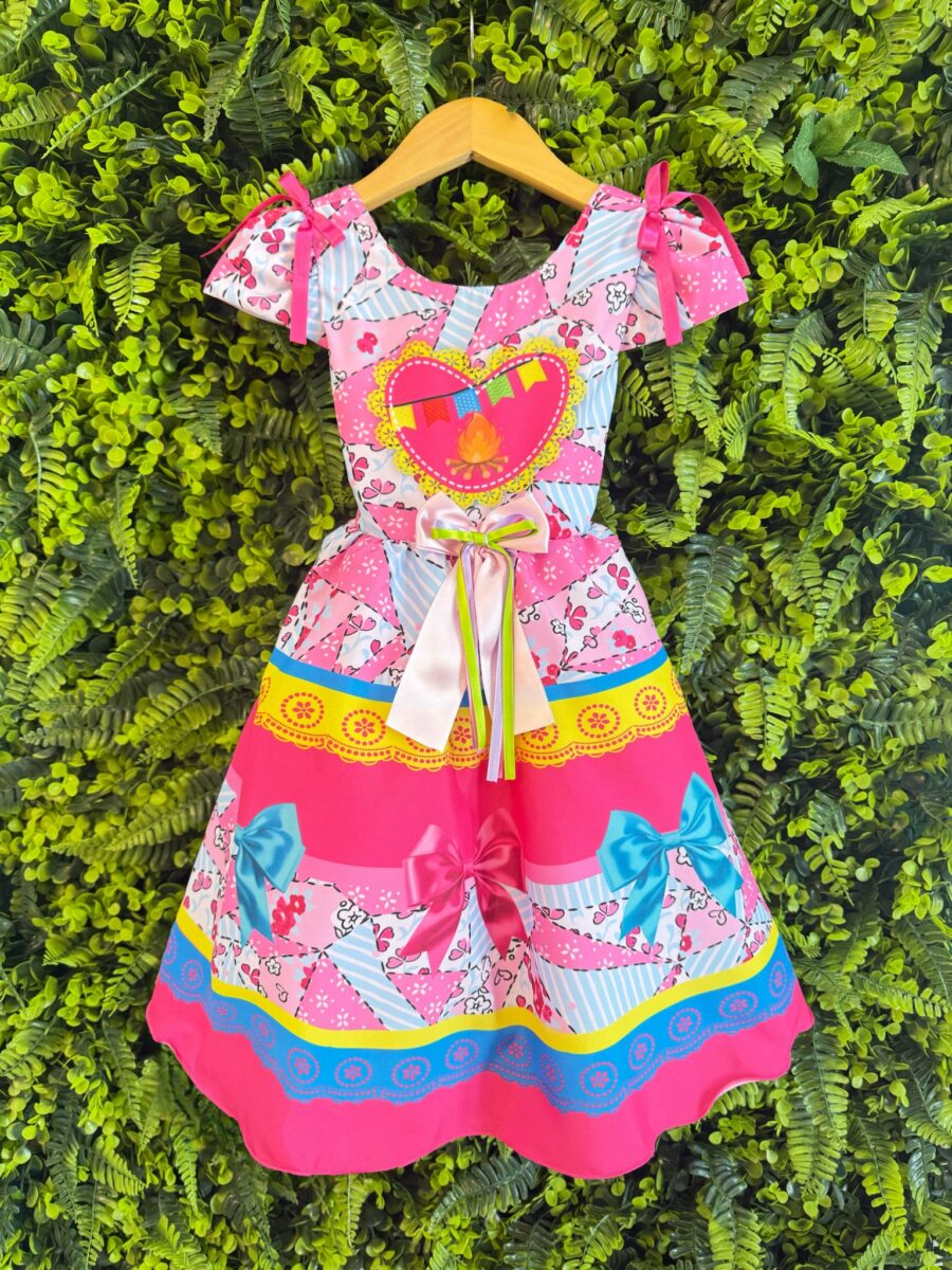 Vestido Junino Infantil Caipira Arraiá Rosa e Azul