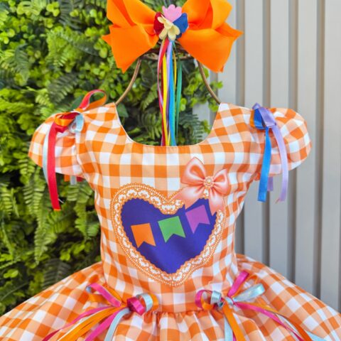 Vestido Junino Infantil Caipira Arraiá Xadrez Laranja