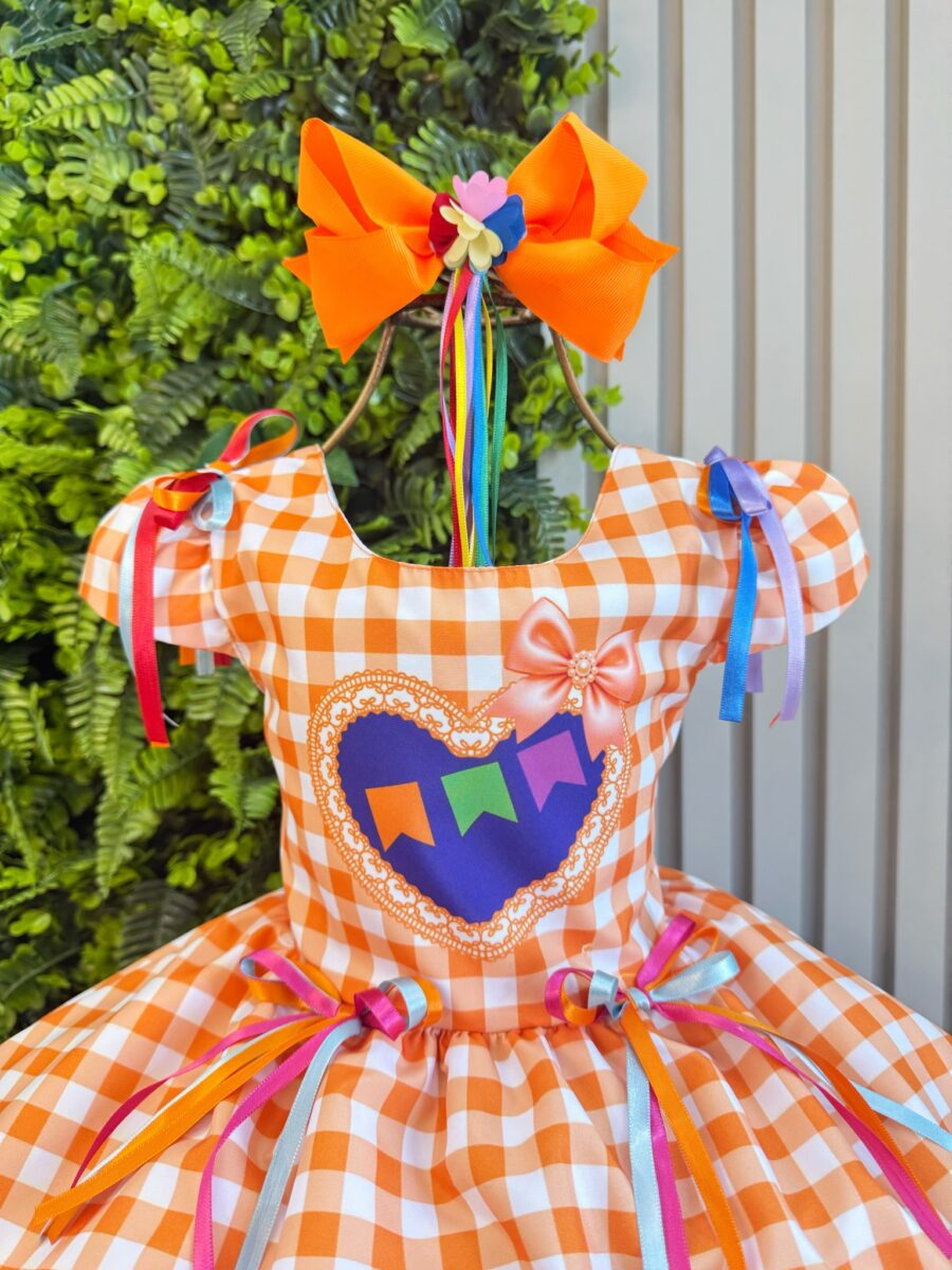 Vestido Junino Infantil Caipira Arraiá Xadrez Laranja