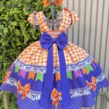 Vestido Junino Infantil Caipira Arraiá Xadrez Laranja