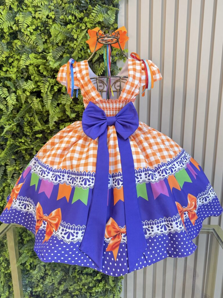 Vestido Junino Infantil Caipira Arraiá Xadrez Laranja