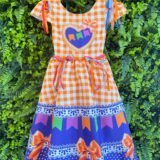 Vestido Junino Infantil Caipira Arraiá Xadrez Laranja