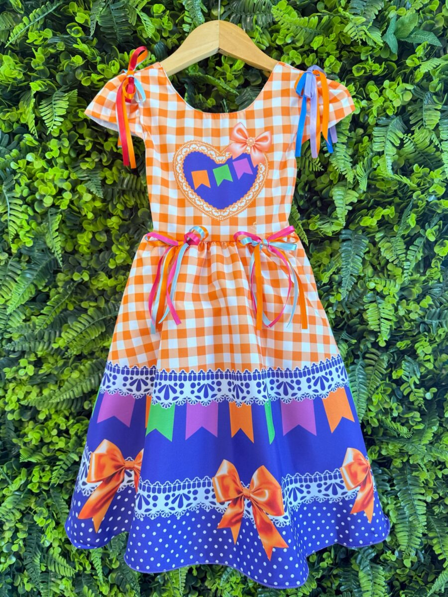 Vestido Junino Infantil Caipira Arraiá Xadrez Laranja