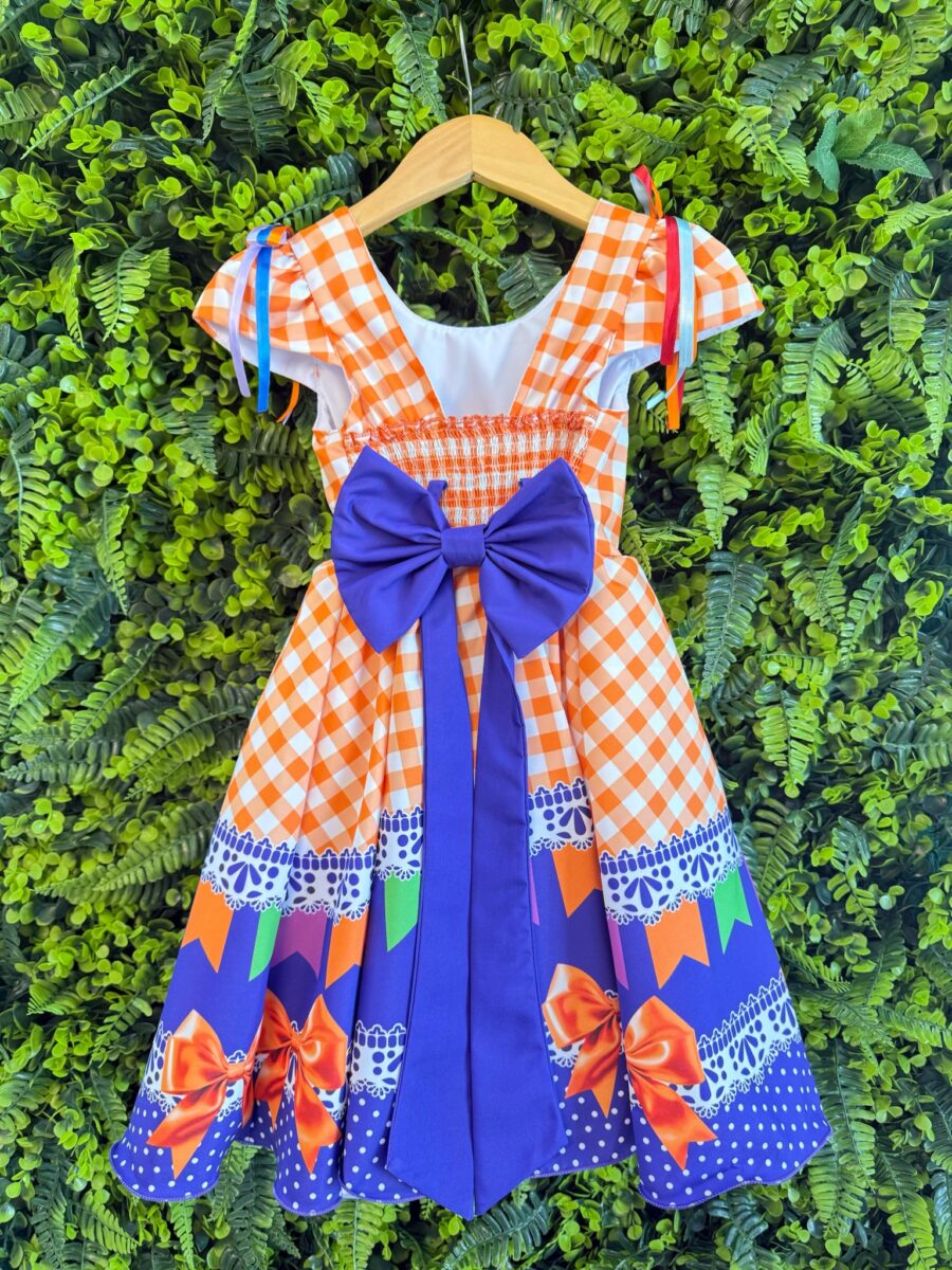 Vestido Junino Infantil Caipira Arraiá Xadrez Laranja