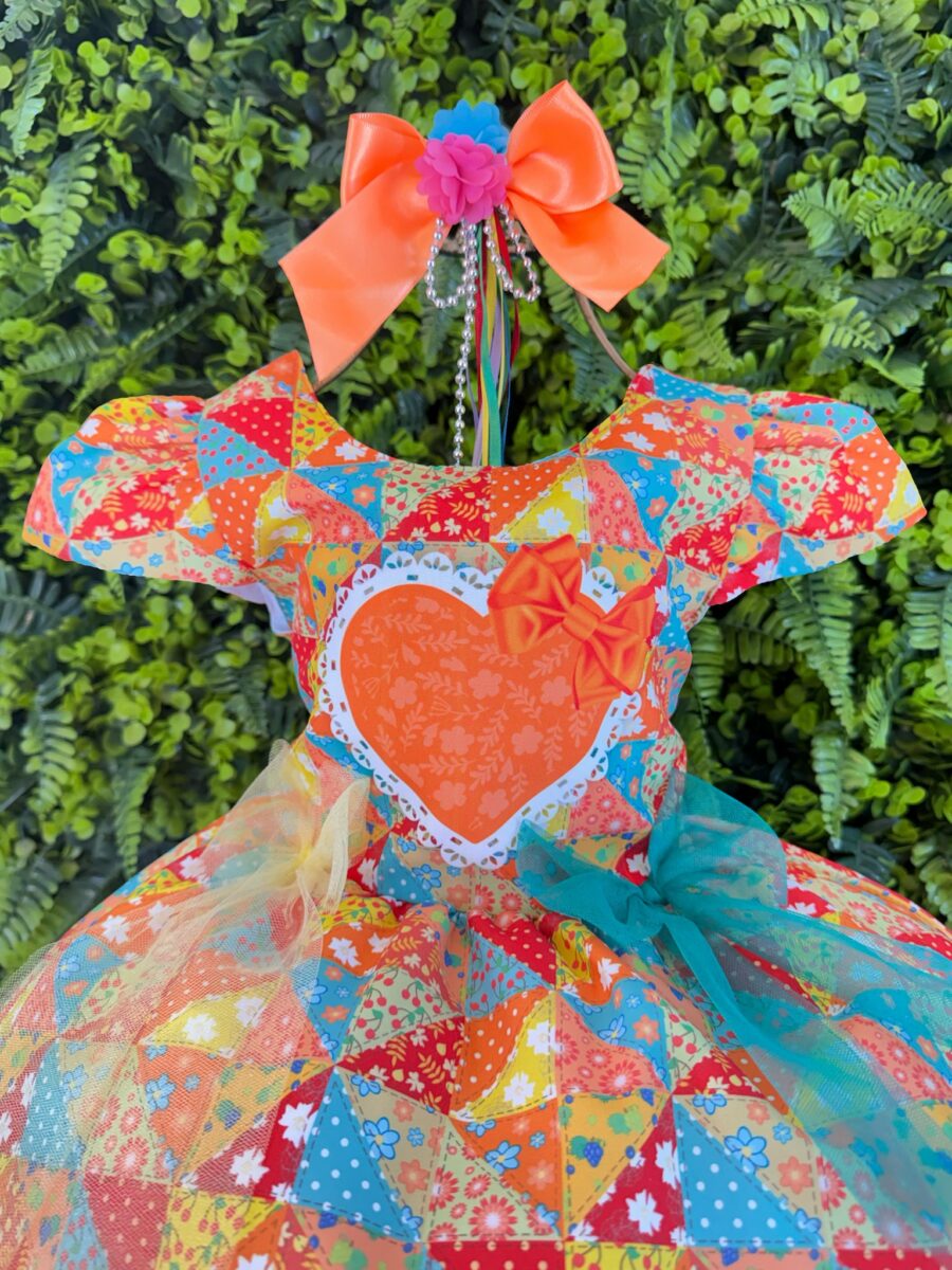 Vestido Junino Infantil Caipira São João Colorido Laranja