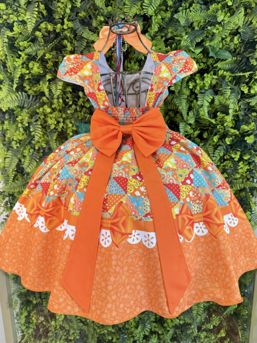 Vestido Junino Infantil Caipira São João Colorido Laranja