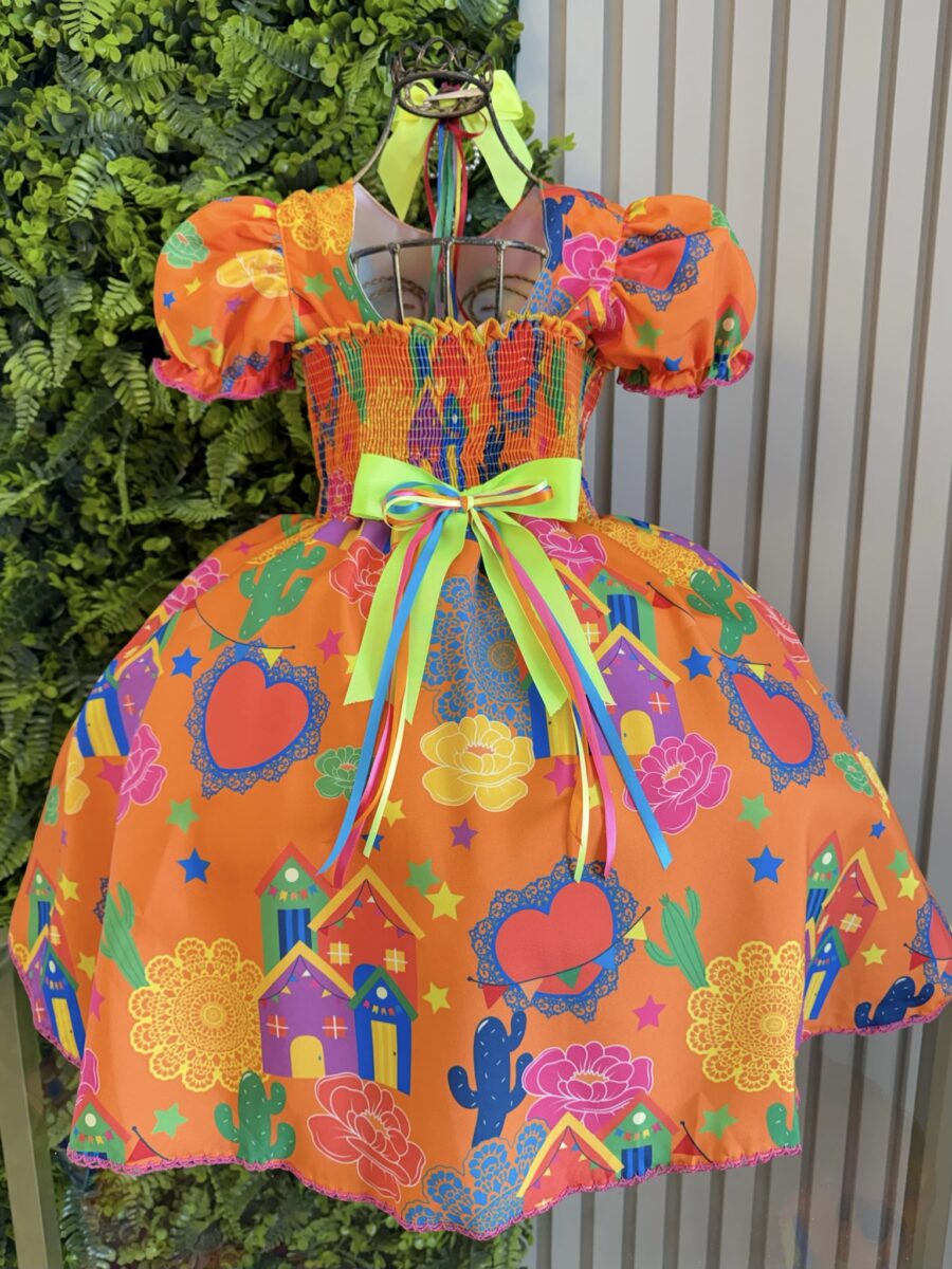 Vestido Junino Infantil Arraiá Laranja Festa São João