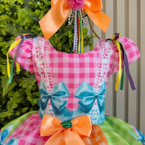 Vestido Junino Infantil Caipira Arraiá Rosa Colorido