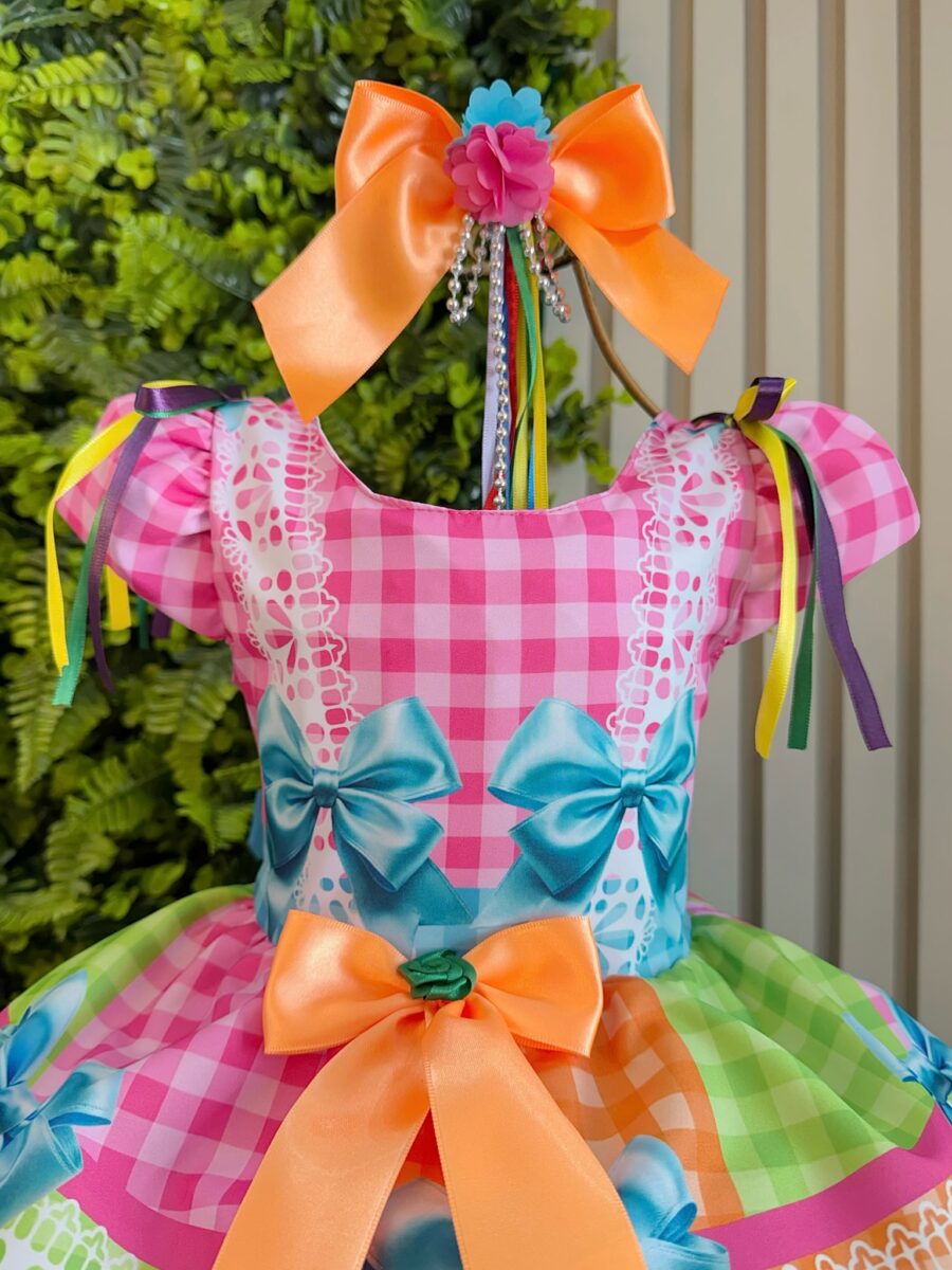 Vestido Junino Infantil Caipira Arraiá Rosa Colorido