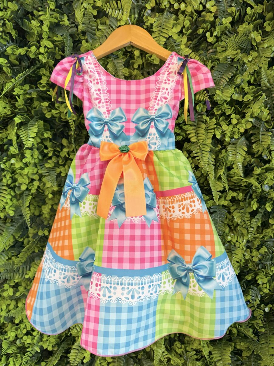 Vestido Junino Infantil Caipira Arraiá Rosa Colorido