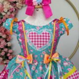 Vestido Junino Infantil Caipira Verde e Xadrez Rosa